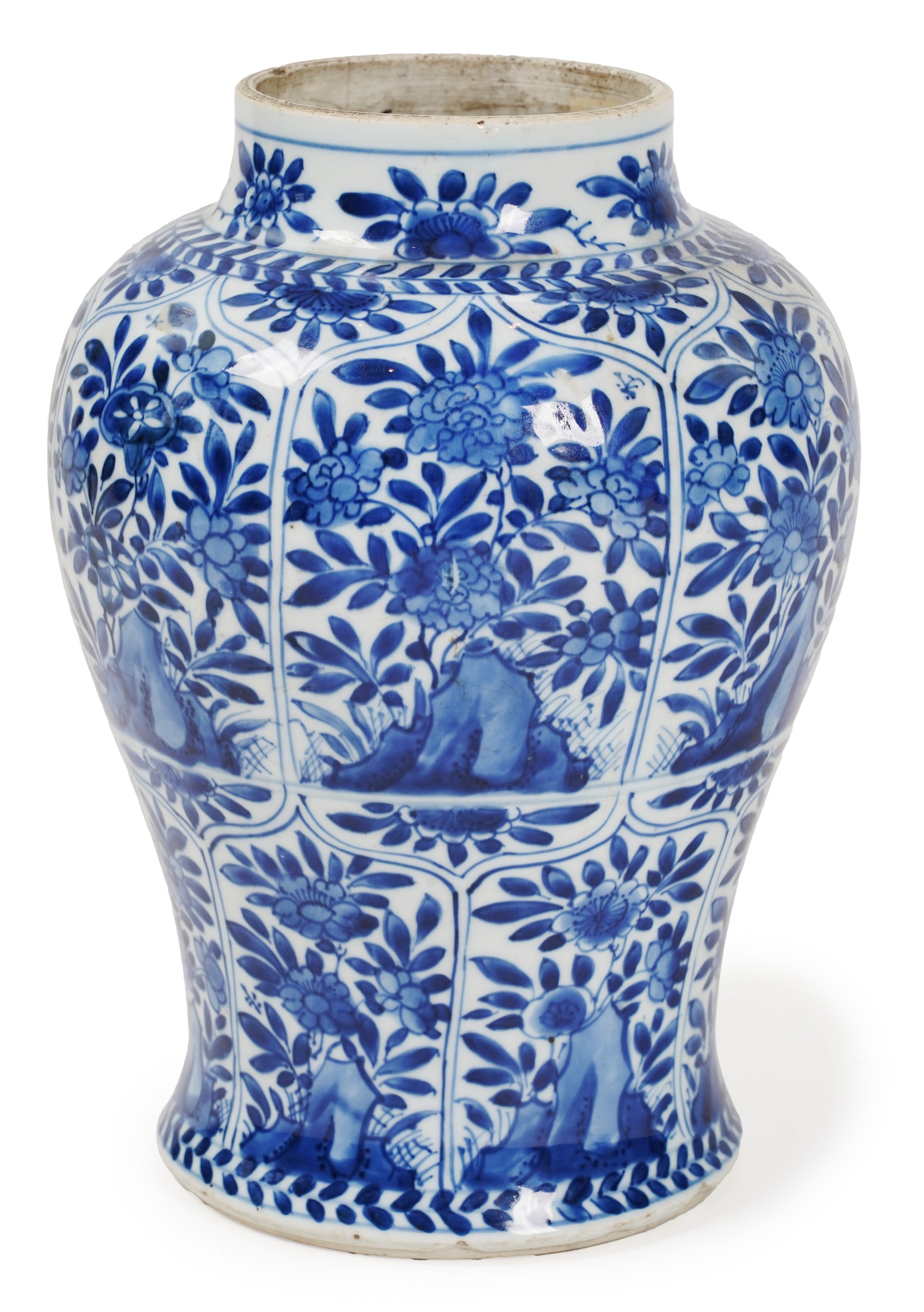 A Chinese blue and white ‘panelled flowers’ baluster vase, Kangxi period (1662-1722)
